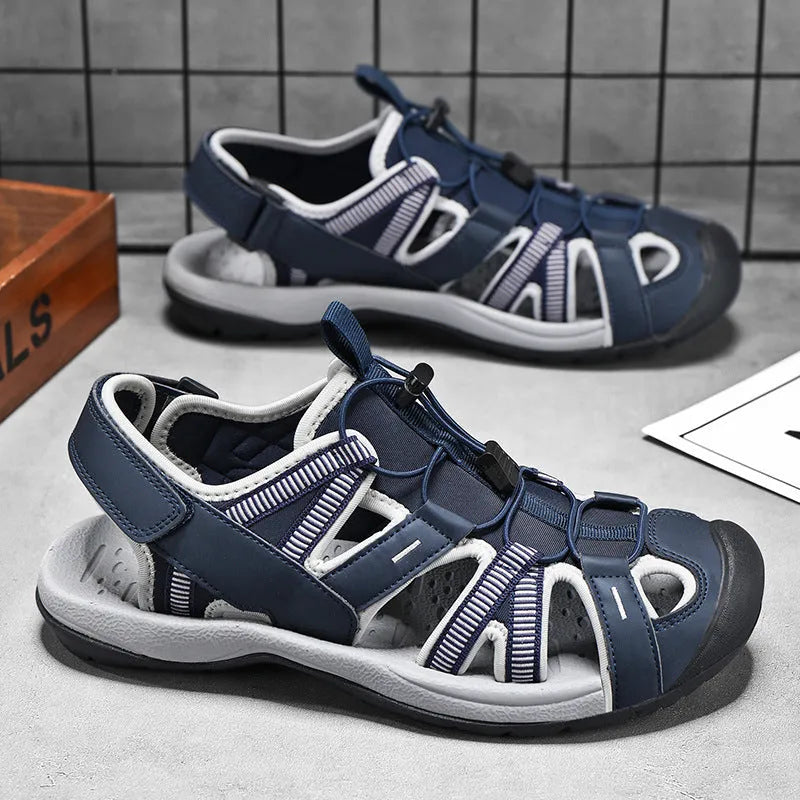 Men's casual sports shoes with breathable mesh upper and rubber sole for summer outdoor activities, available in LX01 Blue and LX01 Black with Velcro fastening in sizes 40 to 47