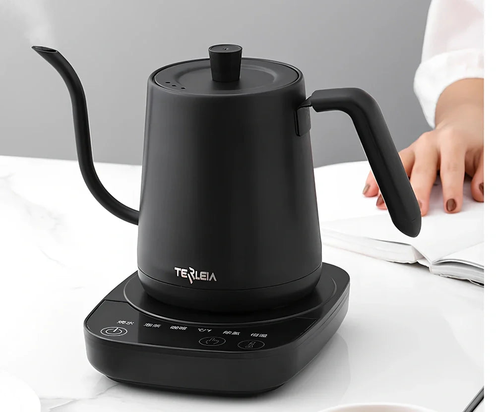 Slender mouth electric kettle with stainless steel body and touch control panel