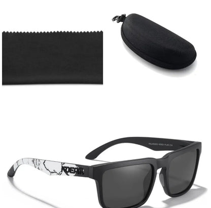 Square polarised sunglasses with TAC lenses and a PC frame, shown in one of 12 available colour options.
