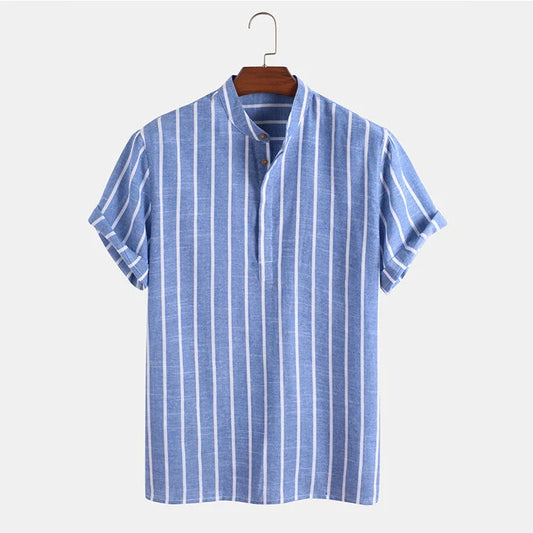 Men's striped short sleeve cotton shirt in white, red, gray, and blue