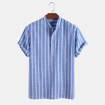 Men's striped short sleeve cotton shirt in white, red, gray, and blue