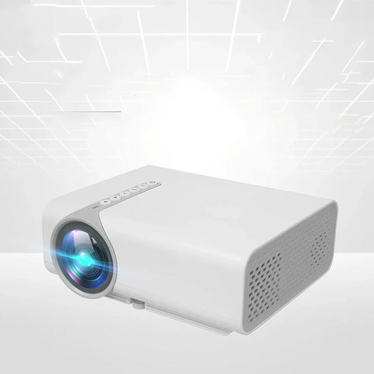White portable home projector displaying 138-inch image with remote control and connectivity cables