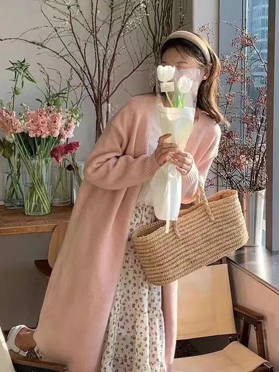Women's knitted cardigan with V-neck, 65cm length, and loose fit in khaki colour