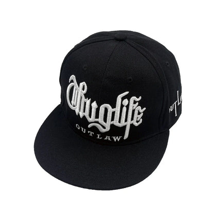 Street hip hop hat with embroidered letters in two colours on dome crown, adult sizing 56-60cm
