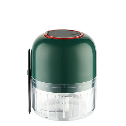 Blue electric garlic masher with USB charging cable, showing 11.5cm height