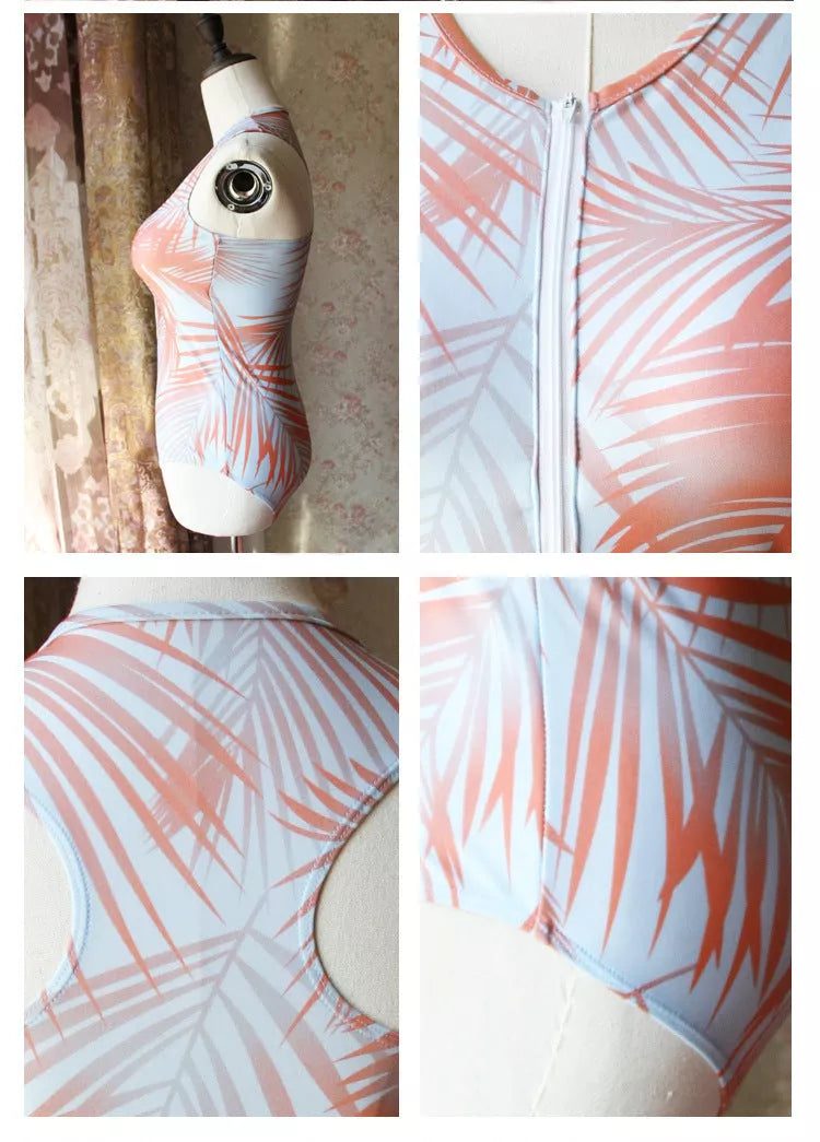 Women's orange hot spring swimsuit made from 100% spandex for flexibility and comfort