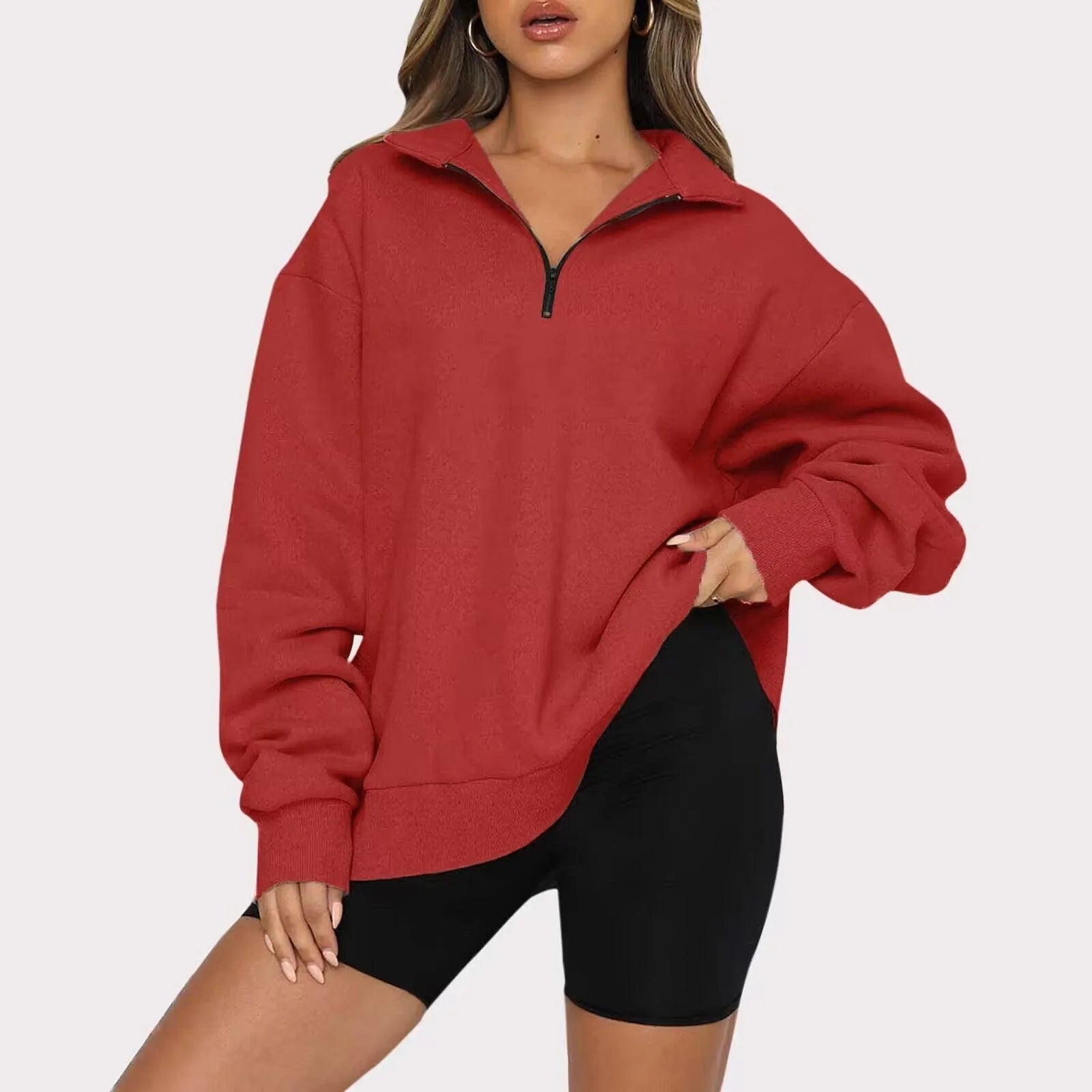 Women's zip turndown collar sweatshirt in various colors, showcasing loose fit and zipper detail.
