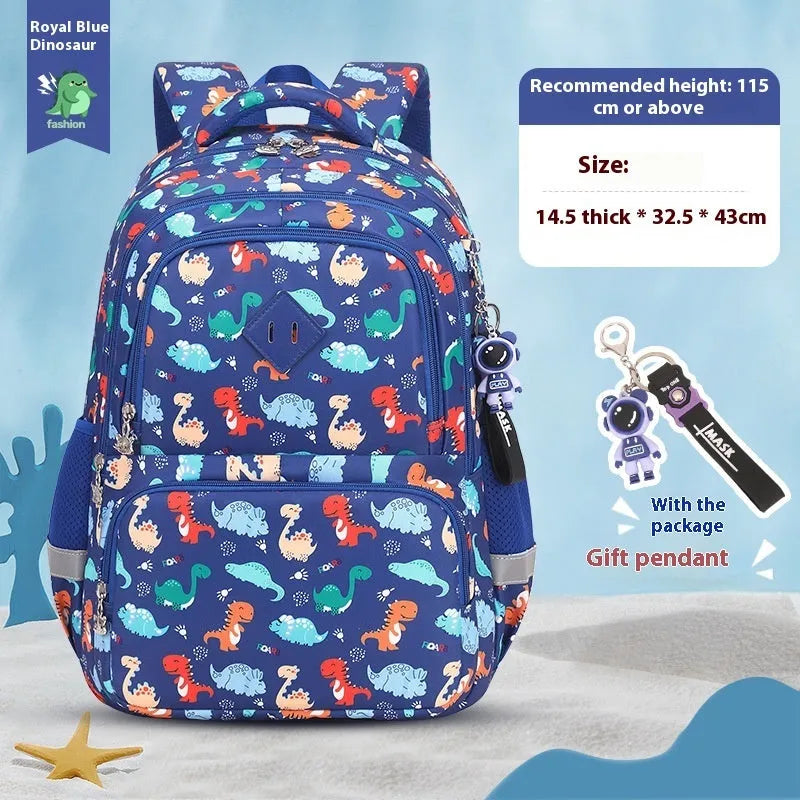 Blue dinosaur print children's school backpack with curved shoulder straps on a grey background