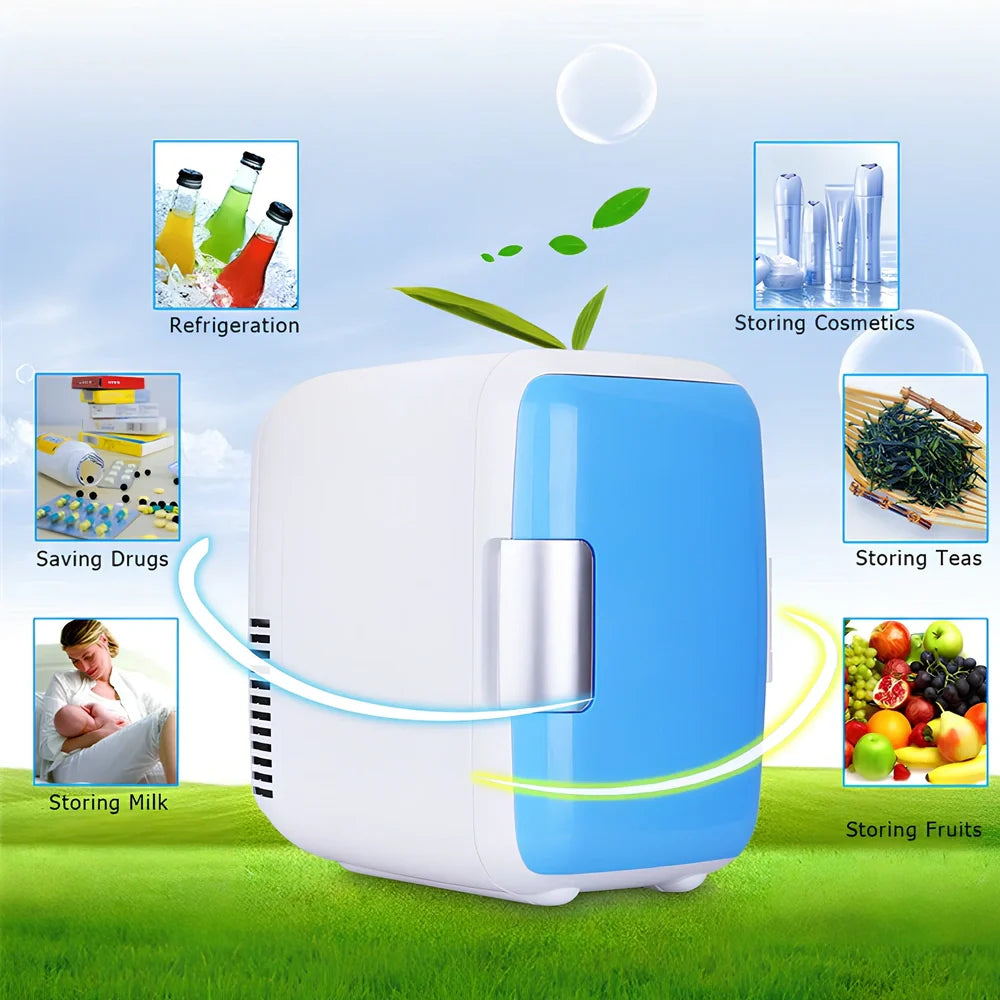 Blue 4L car refrigerator with handle showing dimensions and cigarette lighter plug