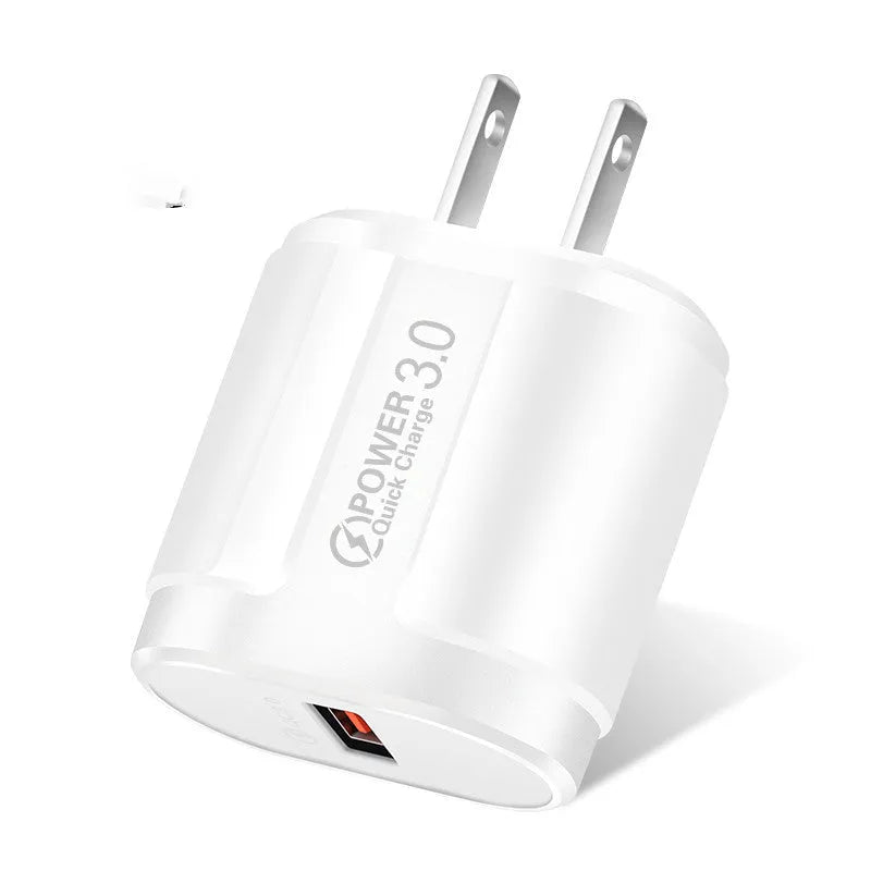 Smart mobile phone charger in black or white with compact 20mm × 40mm × 65mm dimensions showing international plug options