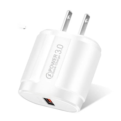 Smart mobile phone charger in black or white with compact 20mm × 40mm × 65mm dimensions showing international plug options