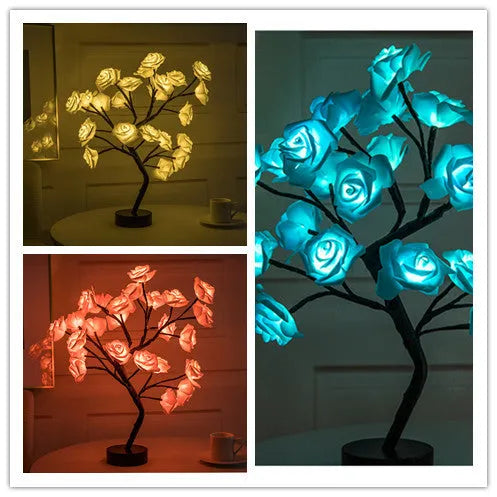 White and red rose flower LED lamp on a bonsai tree stand with warm white lights.