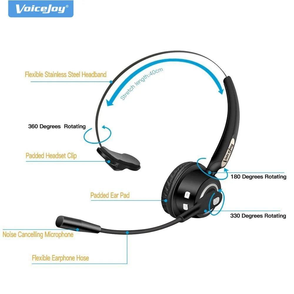 Over-ear Bluetooth headset with microphone for truck drivers and office use, shown with a USB charging cable.