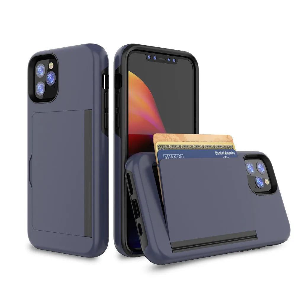 iPhone 11 mobile phone shell in six solid colours showing TPU+PC construction and precise model fit
