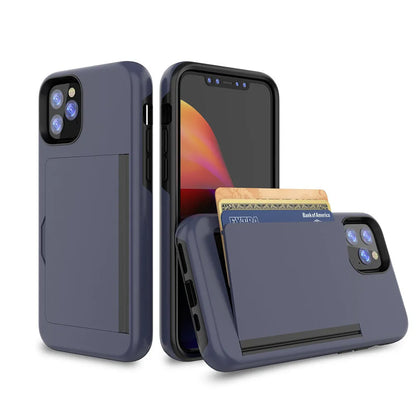 iPhone 11 mobile phone shell in six solid colours showing TPU+PC construction and precise model fit