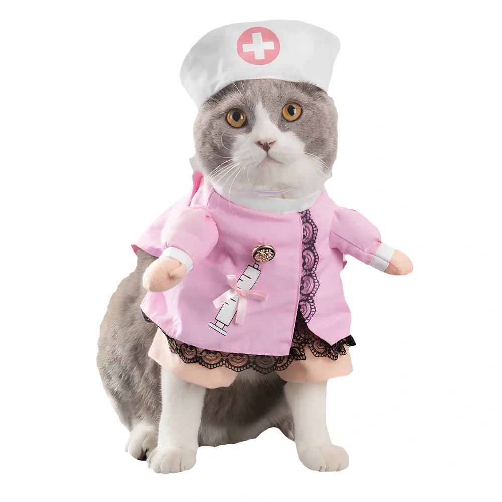 Polyester cat costume in character design with size label showing bust and neck measurements