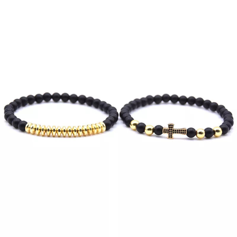 Cross elastic bracelet with natural stone accents in black, gold, or silver