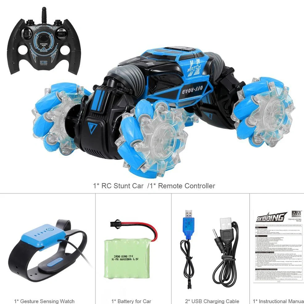 Red 4WD RC stunt car performing sideways drift with LED lights illuminated, showing gesture remote control