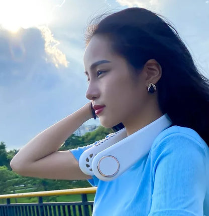 USB-powered leafless halter fan in classic black with adjustable neck strap