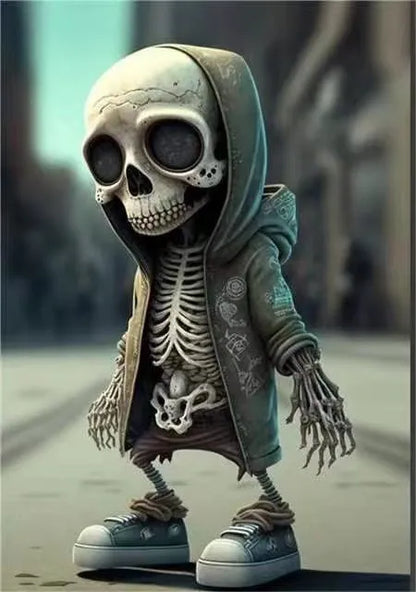A 15cm tall resin skeleton figurine ornament on a desk.