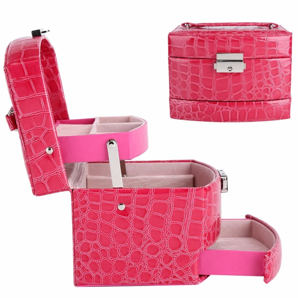 3-layer leather jewelry box with mirror for makeup and accessory organization