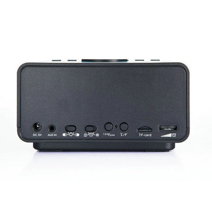 Black wireless alarm clock speaker with dual speakers, display, and control buttons