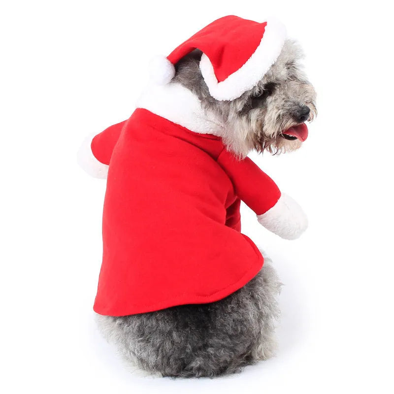 Red polar fleece Santa Claus costume for pets on dog with Christmas background