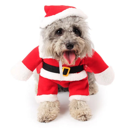 Red polar fleece Santa Claus costume for pets on dog with Christmas background