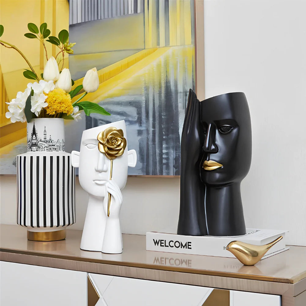 Creative art vase with body shape design in black and white colours, modern resin home decoration