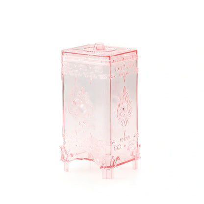 Pink cosmetics storage box with covered lid showing 45-litre capacity for makeup organisation