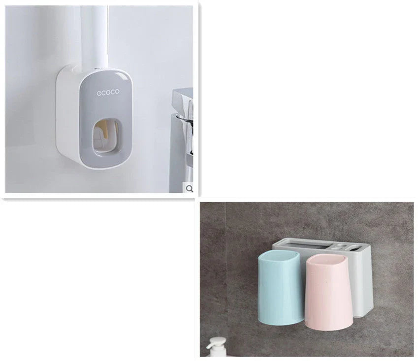 Wall-mounted automatic toothpaste dispenser with toothbrush holder and storage organizer, available in black and grey colors