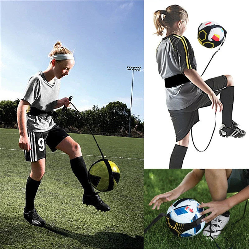 Adjustable soccer trainer with black nylon strap for shooting and ball control practice