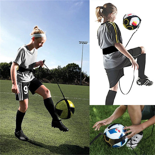 Adjustable soccer trainer with black nylon strap for shooting and ball control practice