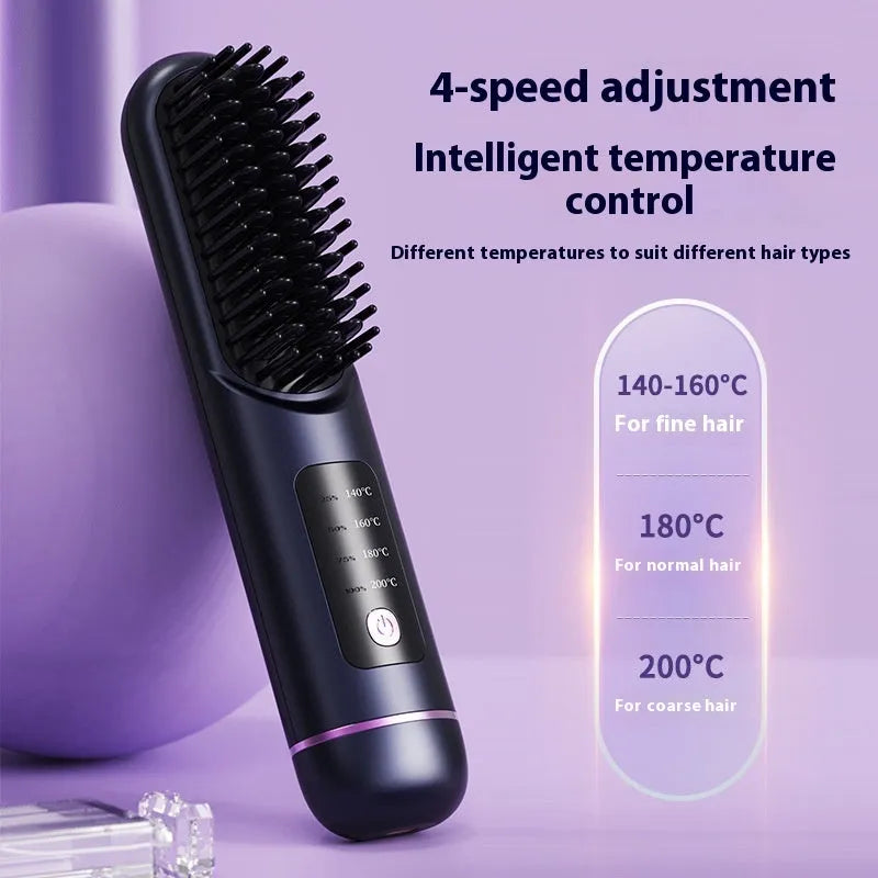 White portable negative ion hair straightening comb on a table, showing its compact size and sleek design.