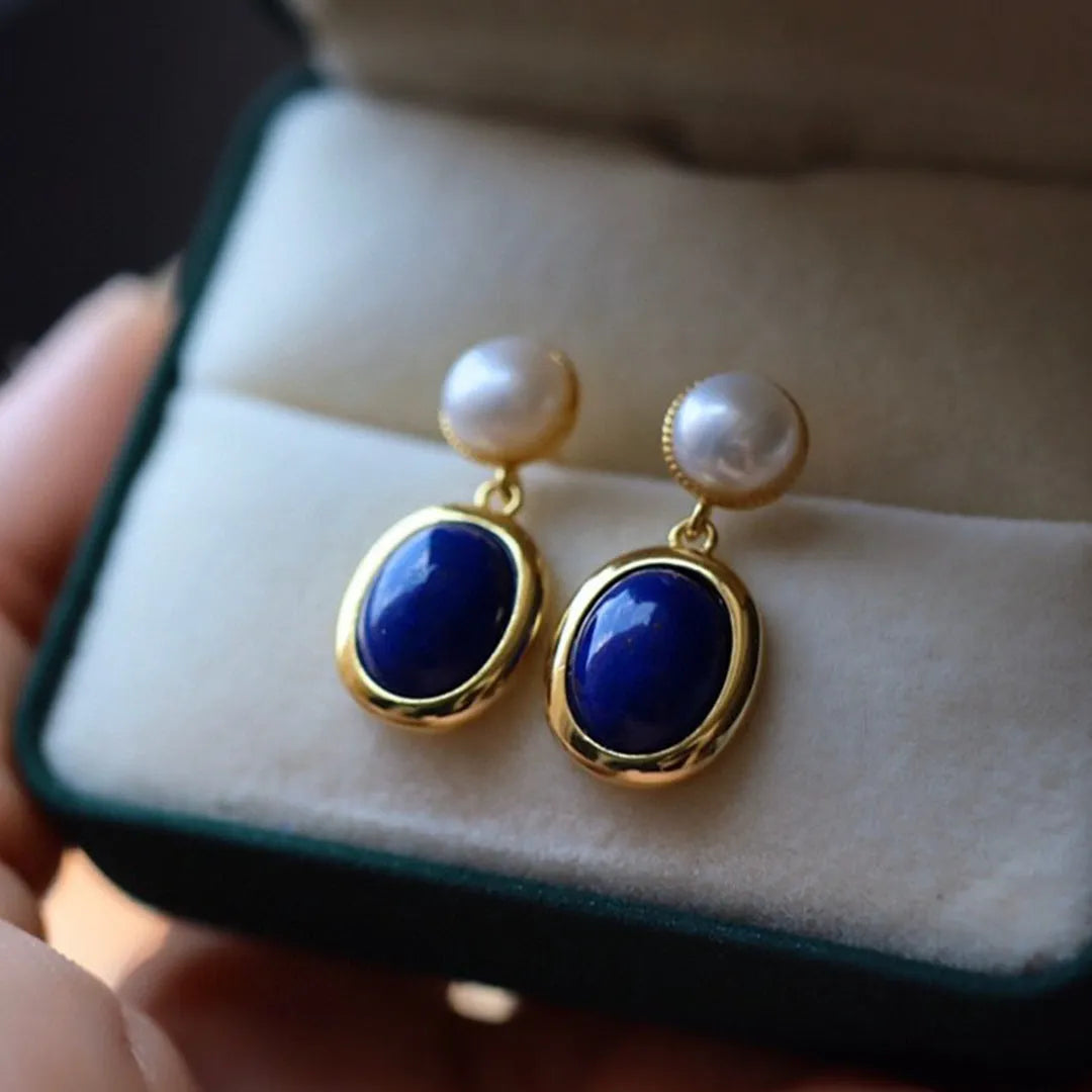 Natural lapis lazuli pearl earrings with 925 sterling silver and etched auspicious patterns