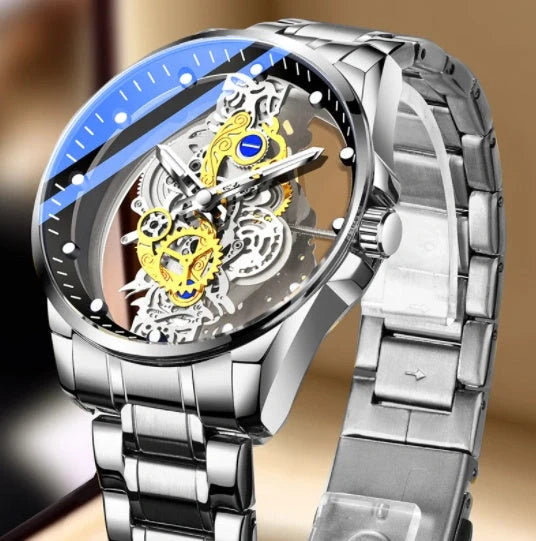 Men's skeleton automatic quartz watch with gold finish and mineral glass face