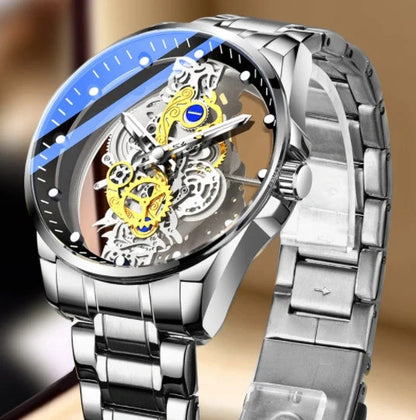 Men's skeleton automatic quartz watch with gold finish and mineral glass face
