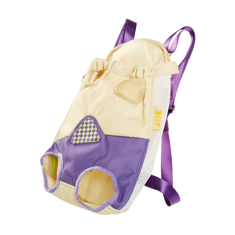 Soft grey pet backpack for cats or small dogs with mesh panel, shown in a size L.