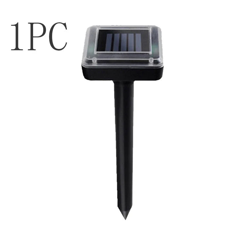 Solar-powered ultrasonic pest repeller with watertight design and 360-degree coverage to deter rodents and snakes in yard and garden