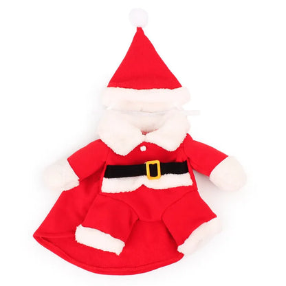 Red polar fleece Santa Claus costume for pets on dog with Christmas background