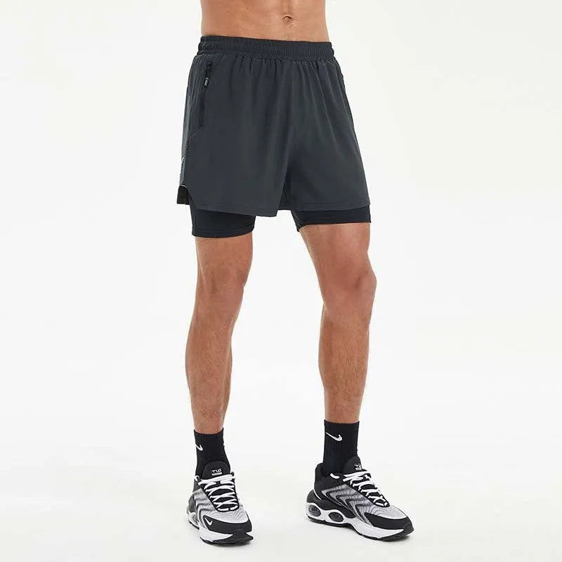 Men's summer sports shorts double-layer running fitness shorts with high elasticity, available in black, dark grey, light blue colours and featuring a built-in spandex liner for quick-drying performance during running activities.