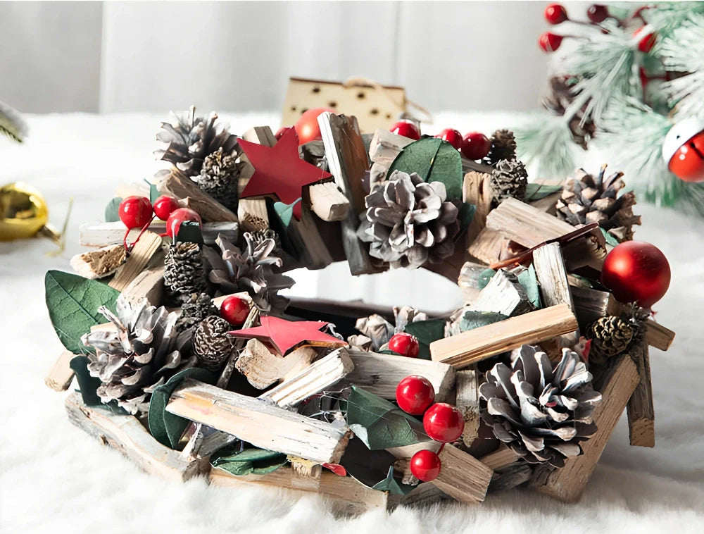Nordic Porvoo Christmas wreath collection showing five decorative pieces with dimensions from 18×40cm to 34×34×8cm