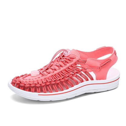 Fashion woven sandals with elastic drawstring tie closure and rubber sole in rainbow colour