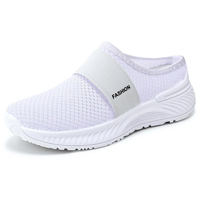 Women's breathable mesh casual shoes in beige, flat heel, round toe, PVC sole, sizes 36-43.