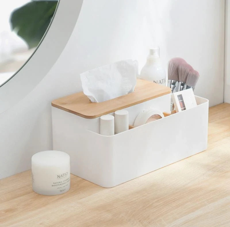 Multifunctional tissue box with remote control storage compartment, made of PS+ bamboo materials in apricot and white colors