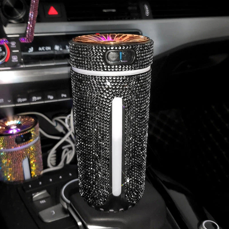 Luxurious car humidifier with LED lights, ultrasonic atomization, and aromatherapy diffuser capabilities for a calming in-vehicle experience
