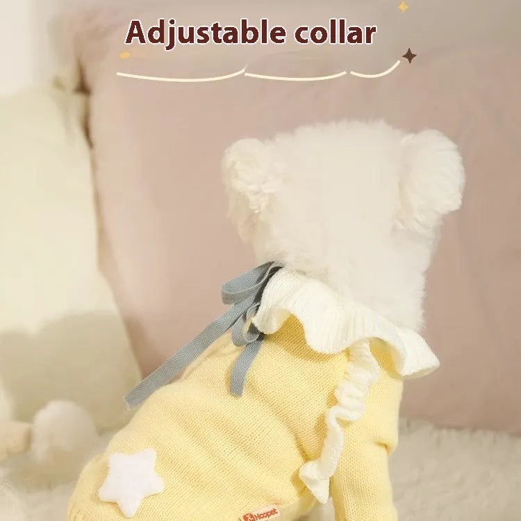 Yellow and patterned fairy dress style acrylic dog sweaters for small puppies in autumn.
