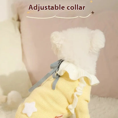 Yellow and patterned fairy dress style acrylic dog sweaters for small puppies in autumn.