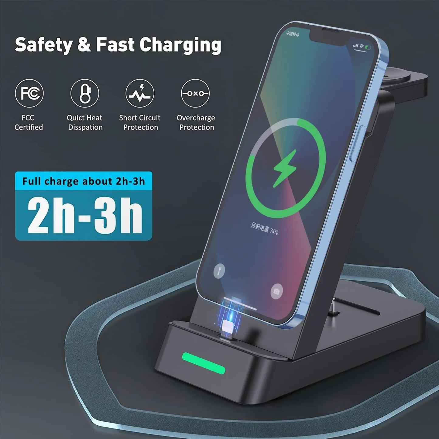Black and white wireless 3-in-1 charger with phone stand, charging phone, AirPods, and iWatch on desk