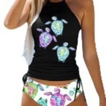 Colourful conservative women's swimsuit with cartoon printing and split brief design